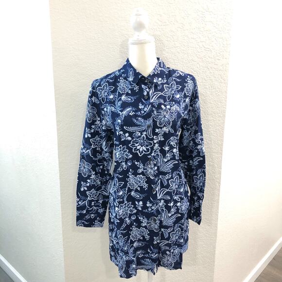 NWT Tommy Bahama Delft Floral Linen Blend Boyfriend Shirt - Picture 2 of 10